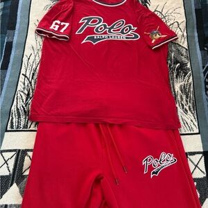 Polo Ralph Lauren Polo Baseball Bear 67 Cherry Red/Blue Sweatpants & Shirt Set